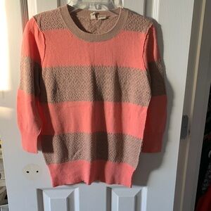 Moth Vintage Pointelle Stitch Vibrant Coral and Taupe Striped Sweater (2010’s)